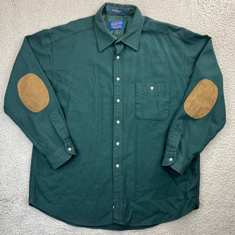 Pendleton Wool Shirt Mens XL Green Elbow Patches Made in USA Button Down